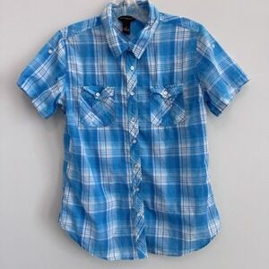 Bit & Bridle Blue Plaid Short Sleeve Button Up Shirt Women's Small Cotton